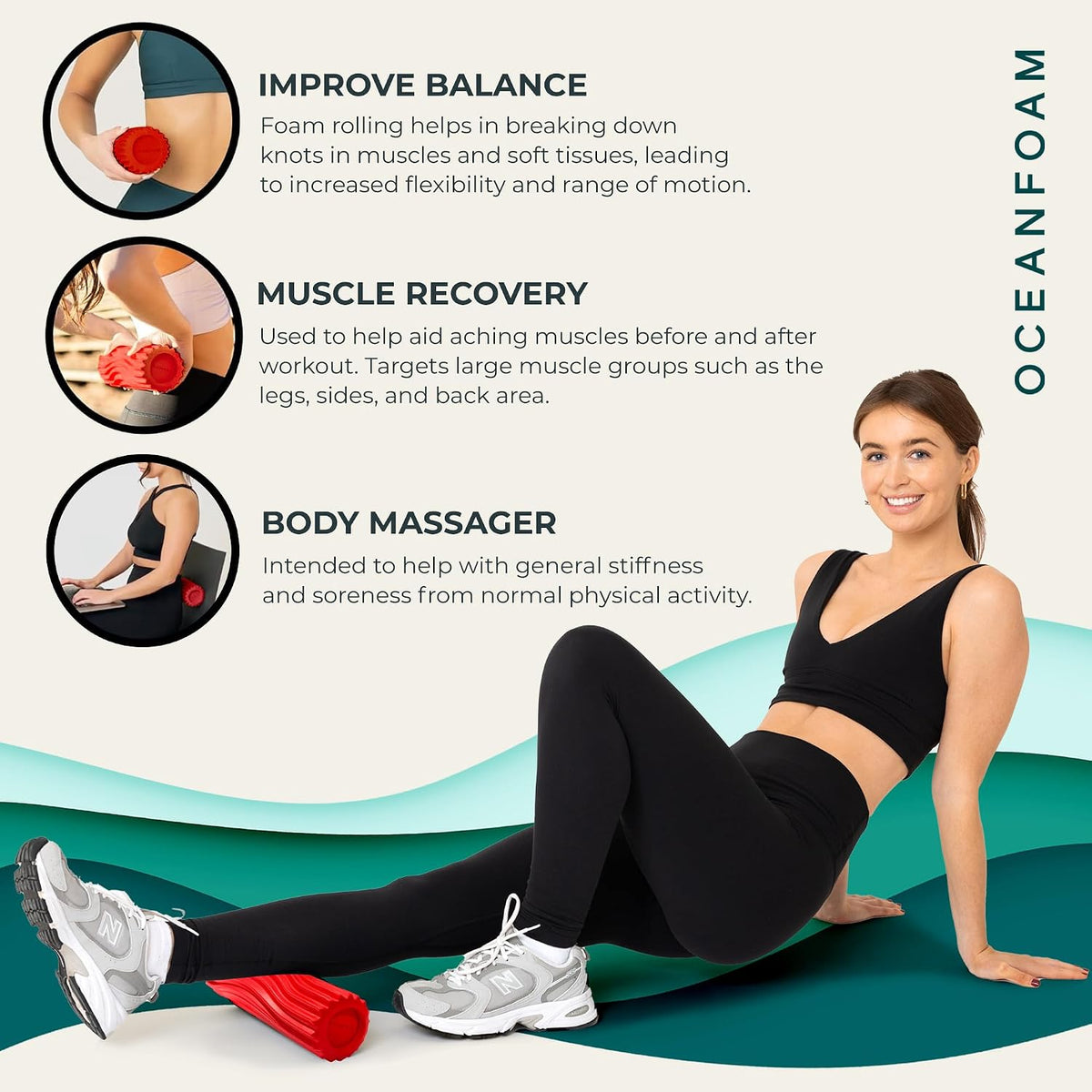 Ripple Travel Foam Roller (11" x 3.35") Firm Mini Foam Roller for Physical Therapy, Deep Tissue Massage, Back Pain - High Density, Ergonomic Wave Textured - Yoga, Pilates, Exercise (Seafoam) - Colors B