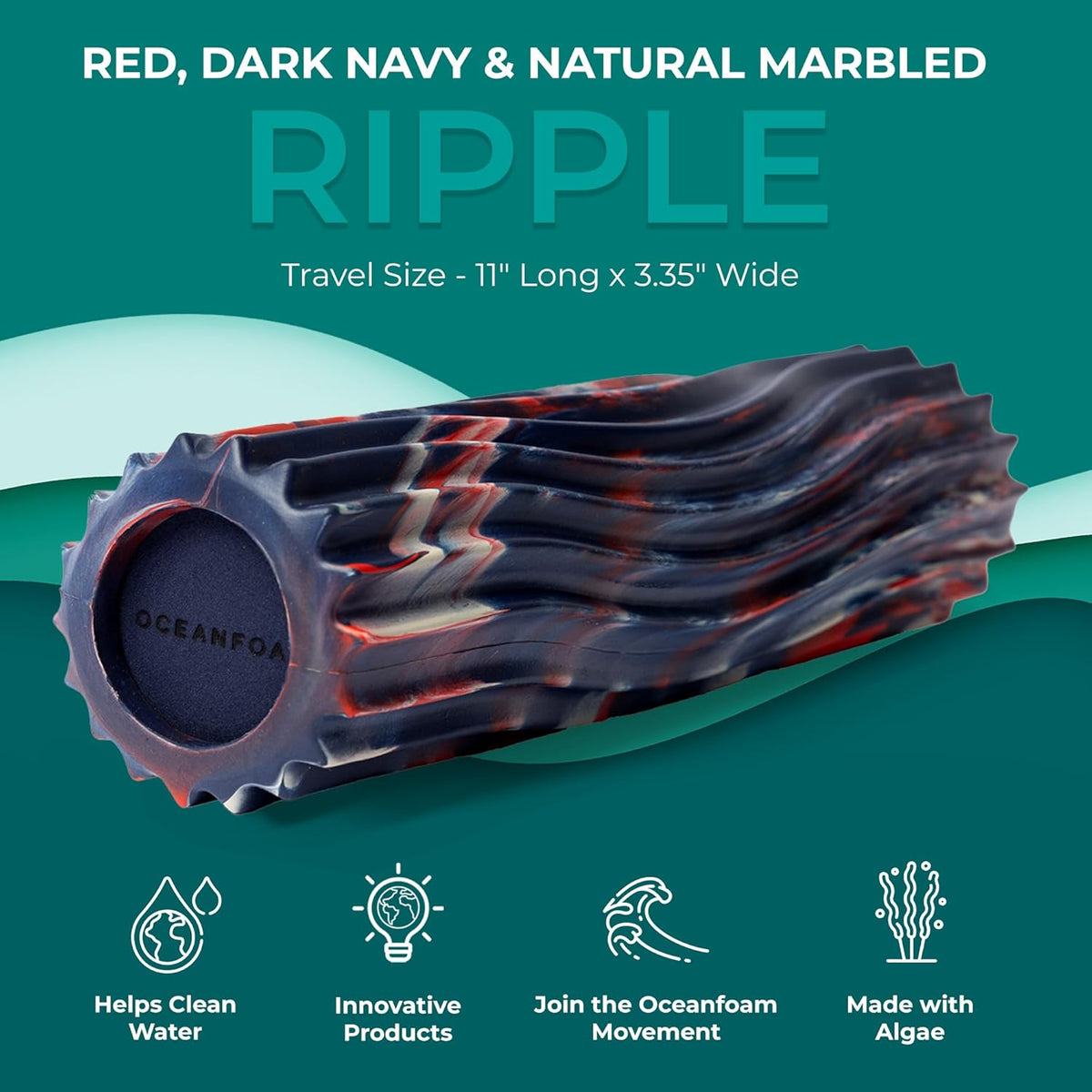 Ripple Travel Foam Roller (11" x 3.35") Firm Mini Foam Roller for Physical Therapy, Deep Tissue Massage, Back Pain - High Density, Ergonomic Wave Textured - Yoga, Pilates, Exercise (Seafoam) - Colors B
