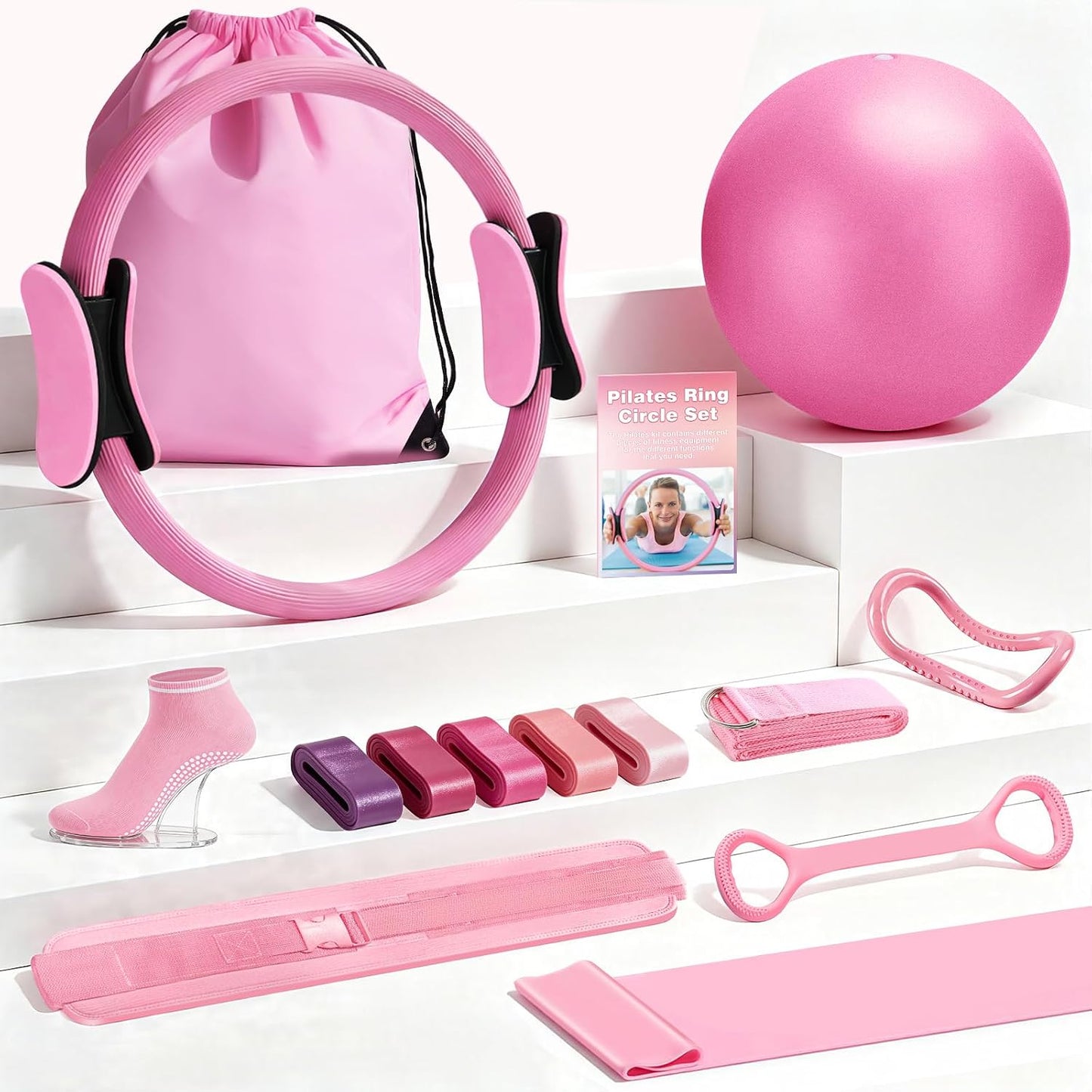 Pilates Ring Set for Home Workout -13'' Pilates Fitness Circle & Ball, Hip Thrust Belt, Resistance Bands, Grip Socks, Bag, Pilates Equipment Kit for Woman, Suitable for Full Body