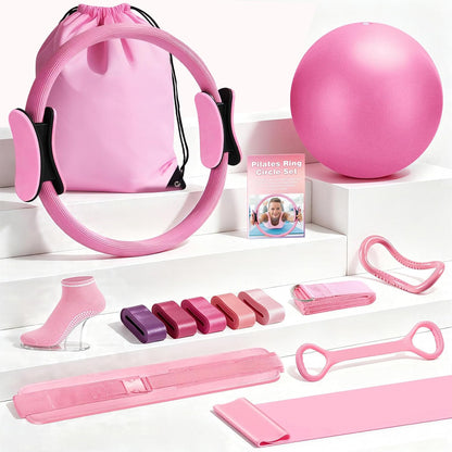 Pilates Ring Set for Home Workout -13'' Pilates Fitness Circle & Ball, Hip Thrust Belt, Resistance Bands, Grip Socks, Bag, Pilates Equipment Kit for Woman, Suitable for Full Body
