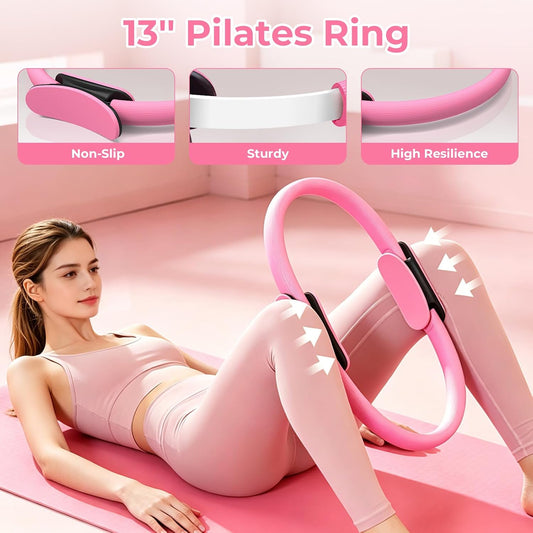 Pilates Ring Set for Home Workout -13'' Pilates Fitness Circle & Ball, Hip Thrust Belt, Resistance Bands, Grip Socks, Bag, Pilates Equipment Kit for Woman, Suitable for Full Body