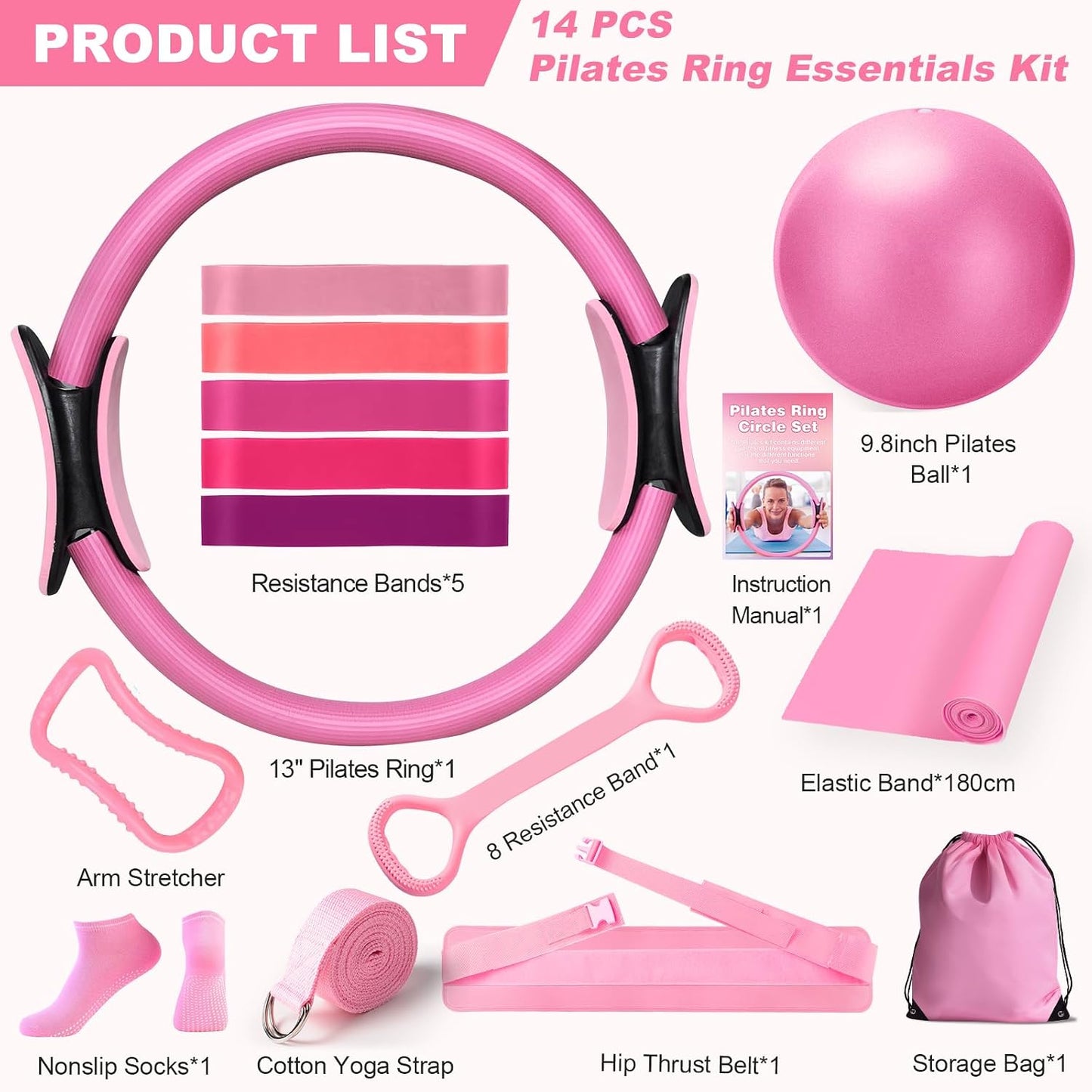 Pilates Ring Set for Home Workout -13'' Pilates Fitness Circle & Ball, Hip Thrust Belt, Resistance Bands, Grip Socks, Bag, Pilates Equipment Kit for Woman, Suitable for Full Body