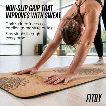 Workout Mat with Carrying Strap - 6mm Thick Cork Yoga Mat (72” x 24”) - Non-Slip Cork Mat for Home, Gym, Fitness & Hot Yoga - Lightweight, Cushioned, Durable & Sweat-Resistant