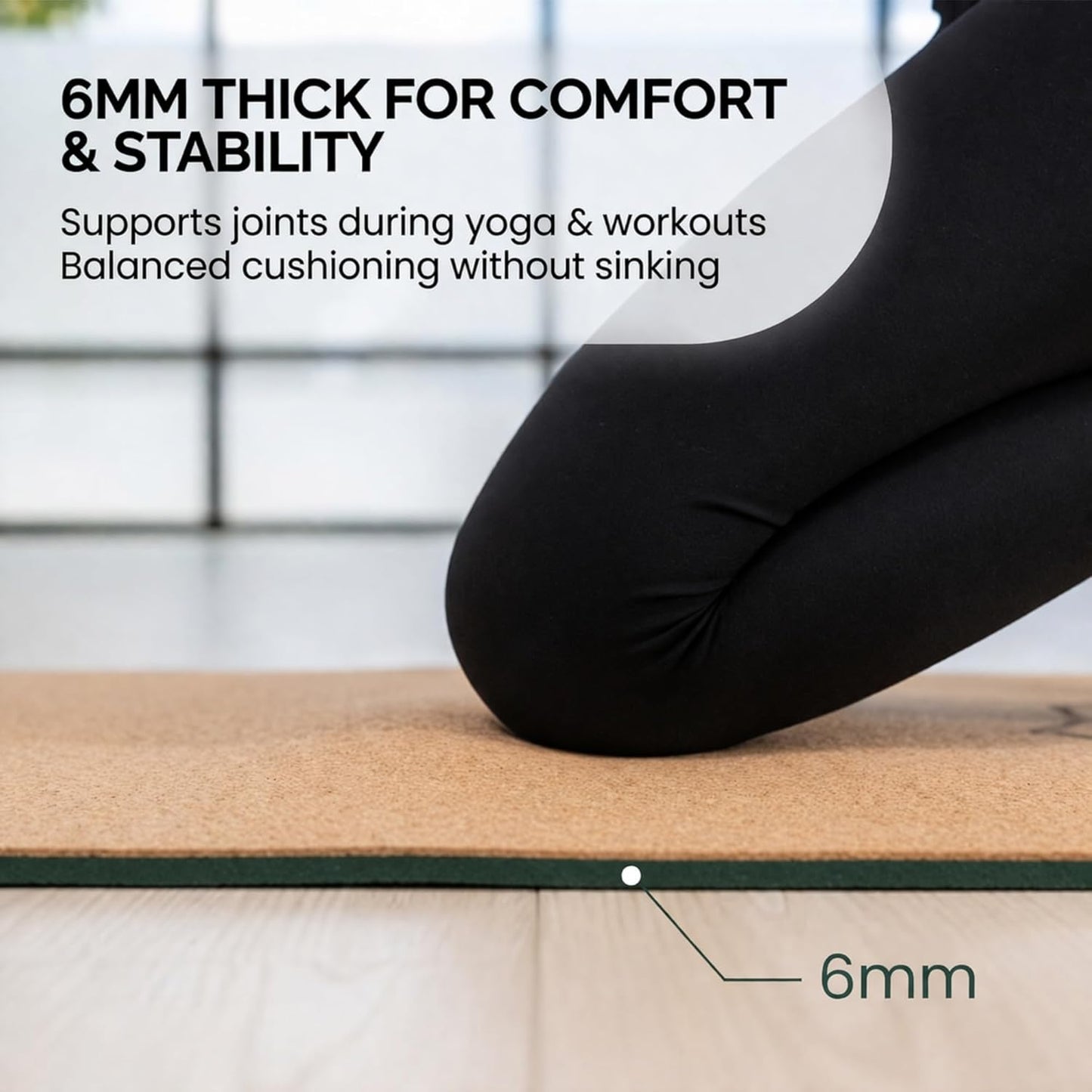 Workout Mat with Carrying Strap - 6mm Thick Cork Yoga Mat (72” x 24”) - Non-Slip Cork Mat for Home, Gym, Fitness & Hot Yoga - Lightweight, Cushioned, Durable & Sweat-Resistant