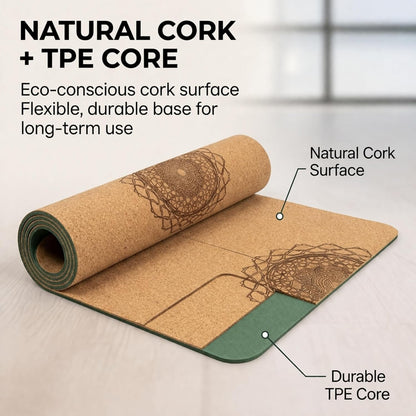 Workout Mat with Carrying Strap - 6mm Thick Cork Yoga Mat (72” x 24”) - Non-Slip Cork Mat for Home, Gym, Fitness & Hot Yoga - Lightweight, Cushioned, Durable & Sweat-Resistant