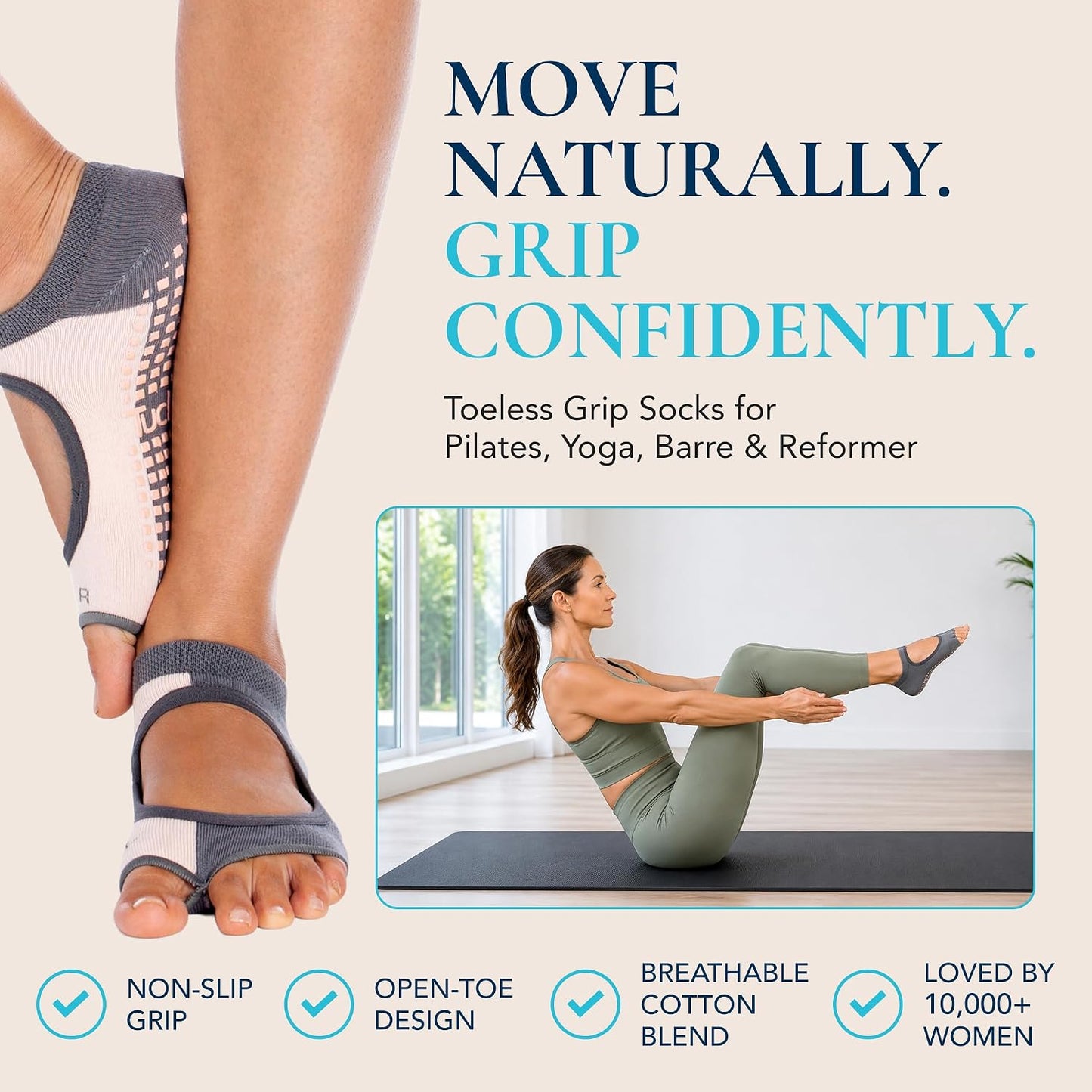 Allegro Toeless Pilates Socks with Grips for Women, Non-Slip Open-Toe Grip Socks, Yoga, Barre, Dance, Reformer, Home