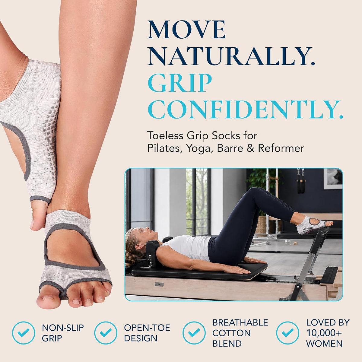 Allegro Toeless Pilates Socks with Grips for Women, Non-Slip Open-Toe Grip Socks, Yoga, Barre, Dance, Reformer, Home