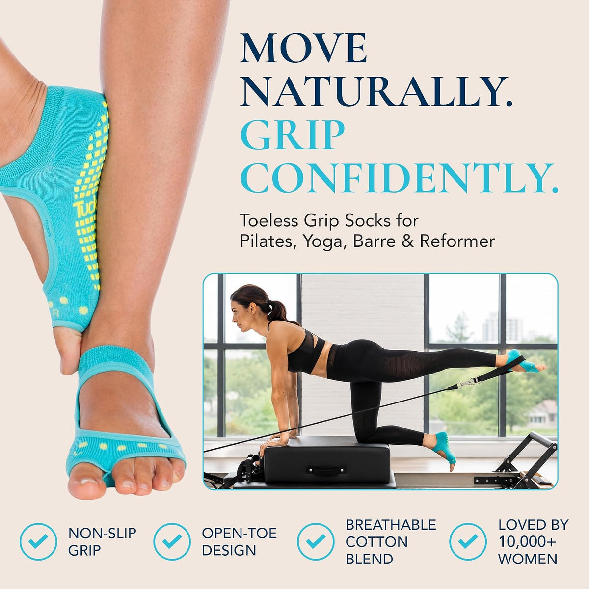 Allegro Toeless Pilates Socks with Grips for Women, Non-Slip Open-Toe Grip Socks, Yoga, Barre, Dance, Reformer, Home