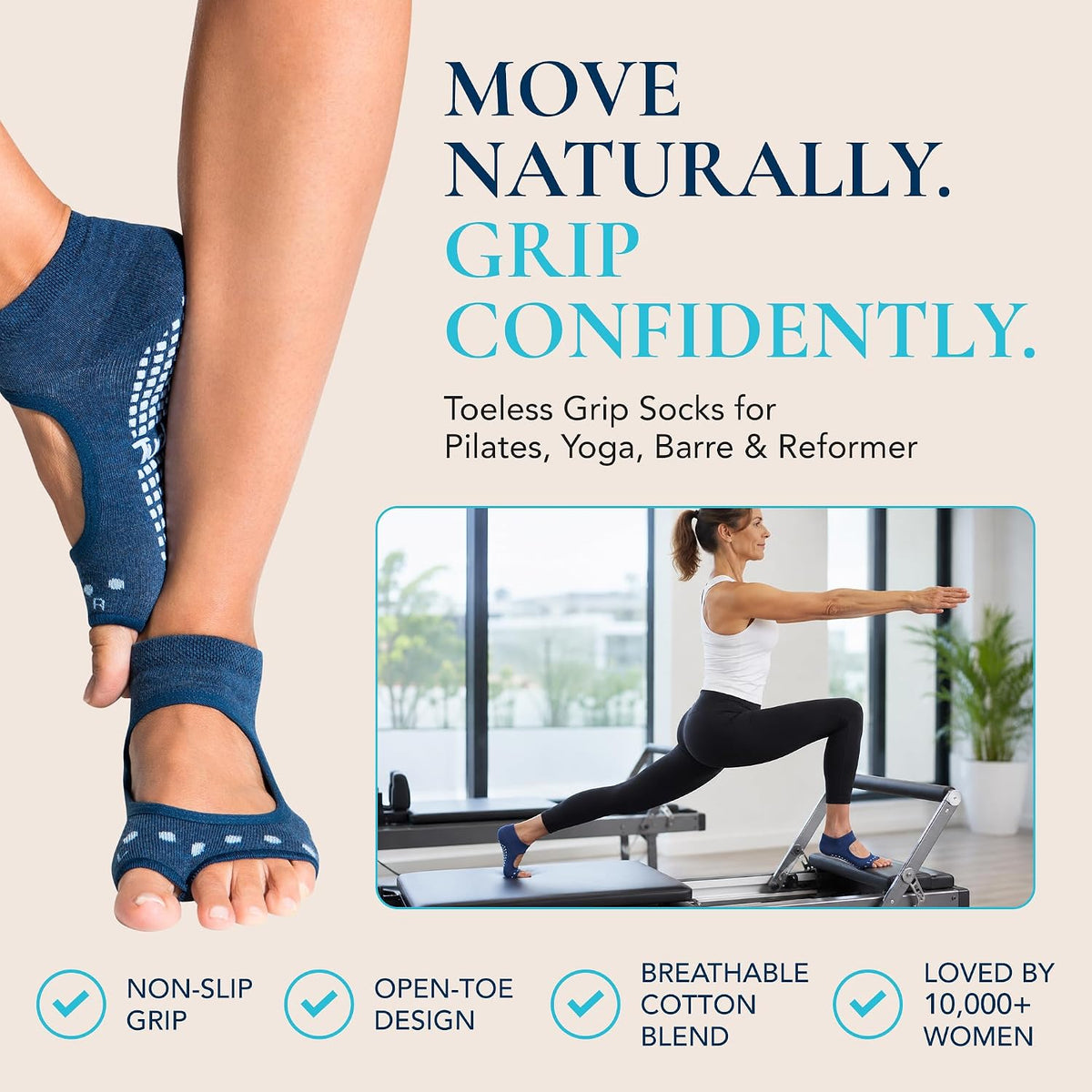 Allegro Toeless Pilates Socks with Grips for Women, Non-Slip Open-Toe Grip Socks, Yoga, Barre, Dance, Reformer, Home