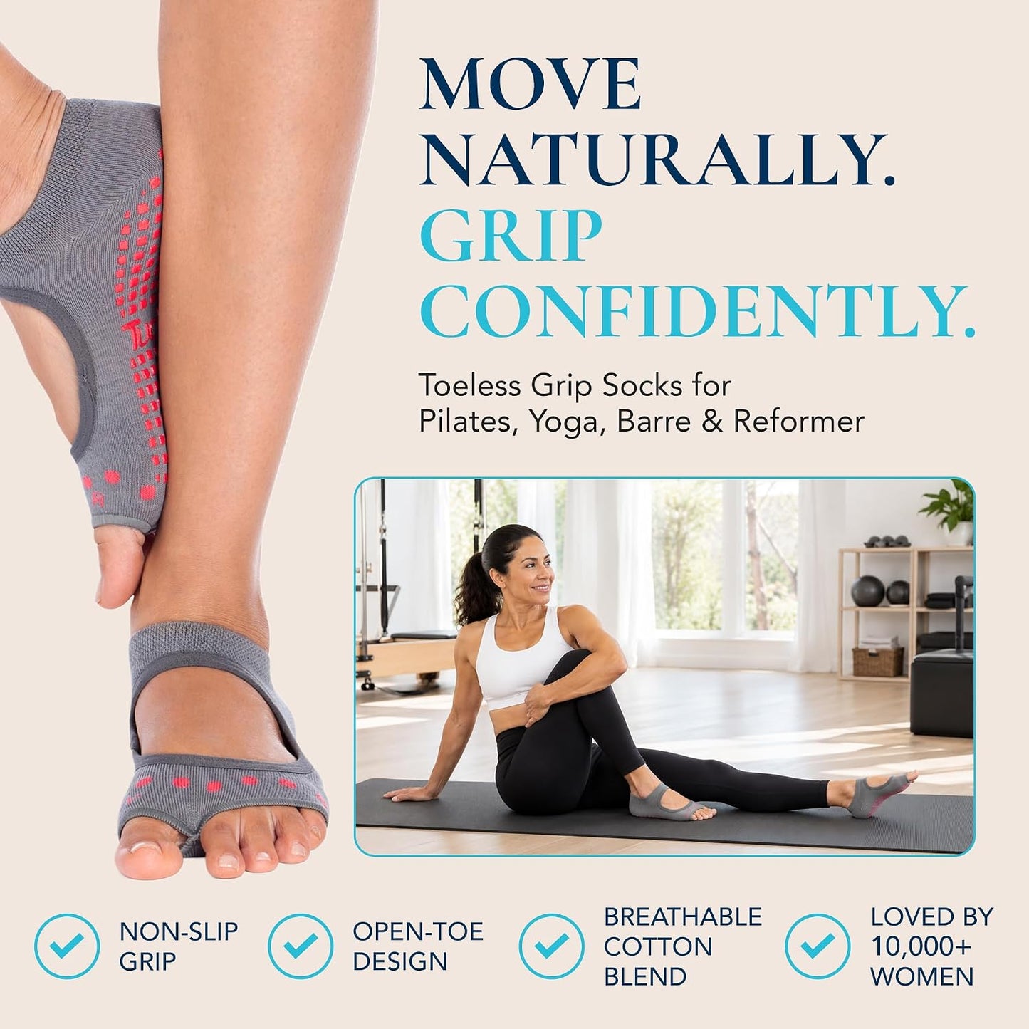 Allegro Toeless Pilates Socks with Grips for Women, Non-Slip Open-Toe Grip Socks, Yoga, Barre, Dance, Reformer, Home