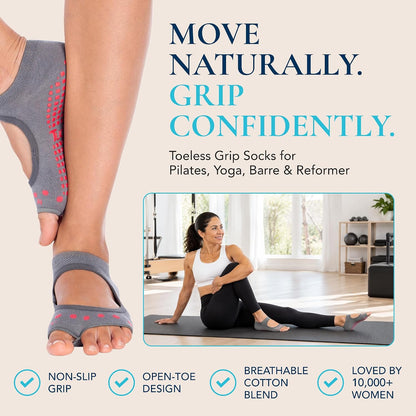 Allegro Toeless Pilates Socks with Grips for Women, Non-Slip Open-Toe Grip Socks, Yoga, Barre, Dance, Reformer, Home