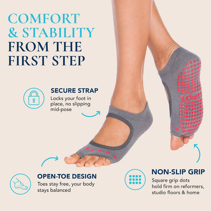 Allegro Toeless Pilates Socks with Grips for Women, Non-Slip Open-Toe Grip Socks, Yoga, Barre, Dance, Reformer, Home