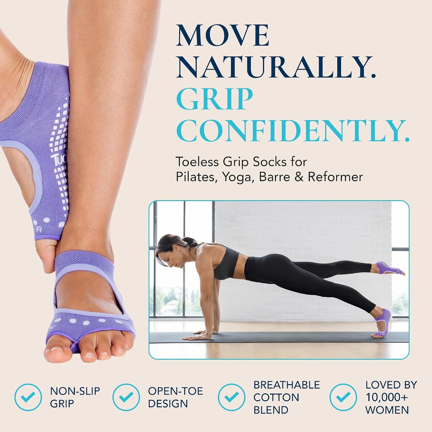 Allegro Toeless Pilates Socks with Grips for Women, Non-Slip Open-Toe Grip Socks, Yoga, Barre, Dance, Reformer, Home