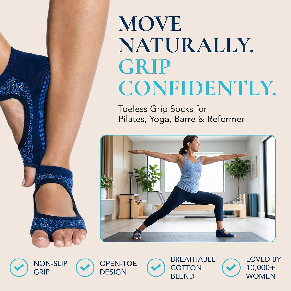 Allegro Toeless Pilates Socks with Grips for Women, Non-Slip Open-Toe Grip Socks, Yoga, Barre, Dance, Reformer, Home