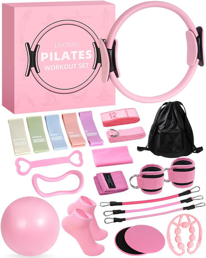 lucdnc Pilates Kit for Home,24 pcs Workouts Sets for Women 14”Pilates Circles 8" Yoga Ball, Resistance Band for Ankle,Back,Legs,Glutes,Pilates Equipment Ideal for Home Gym & Travel Fitness Essentials