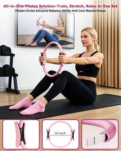 lucdnc Pilates Kit for Home,24 pcs Workouts Sets for Women 14”Pilates Circles 8" Yoga Ball, Resistance Band for Ankle,Back,Legs,Glutes,Pilates Equipment Ideal for Home Gym & Travel Fitness Essentials