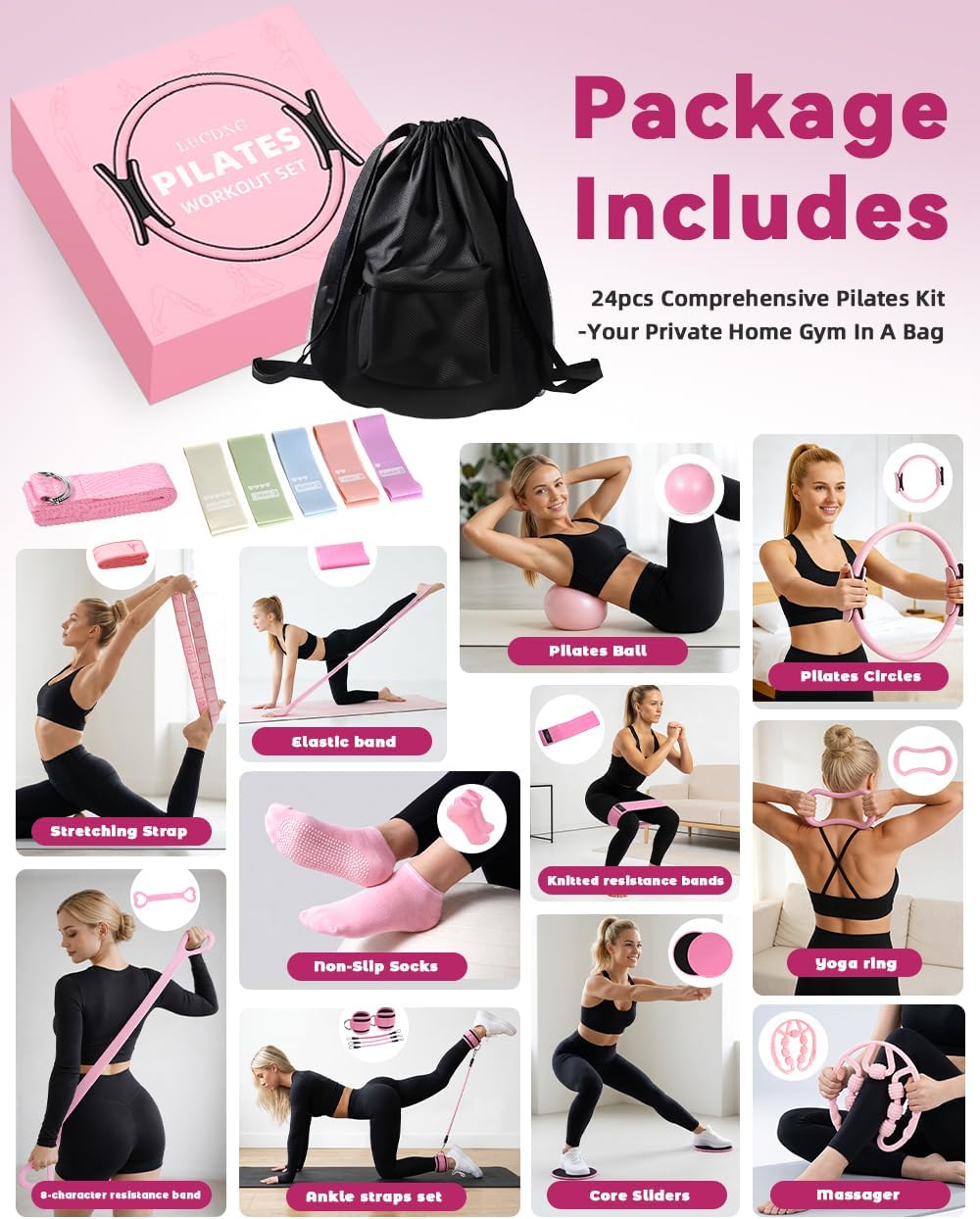 lucdnc Pilates Kit for Home,24 pcs Workouts Sets for Women 14”Pilates Circles 8" Yoga Ball, Resistance Band for Ankle,Back,Legs,Glutes,Pilates Equipment Ideal for Home Gym & Travel Fitness Essentials