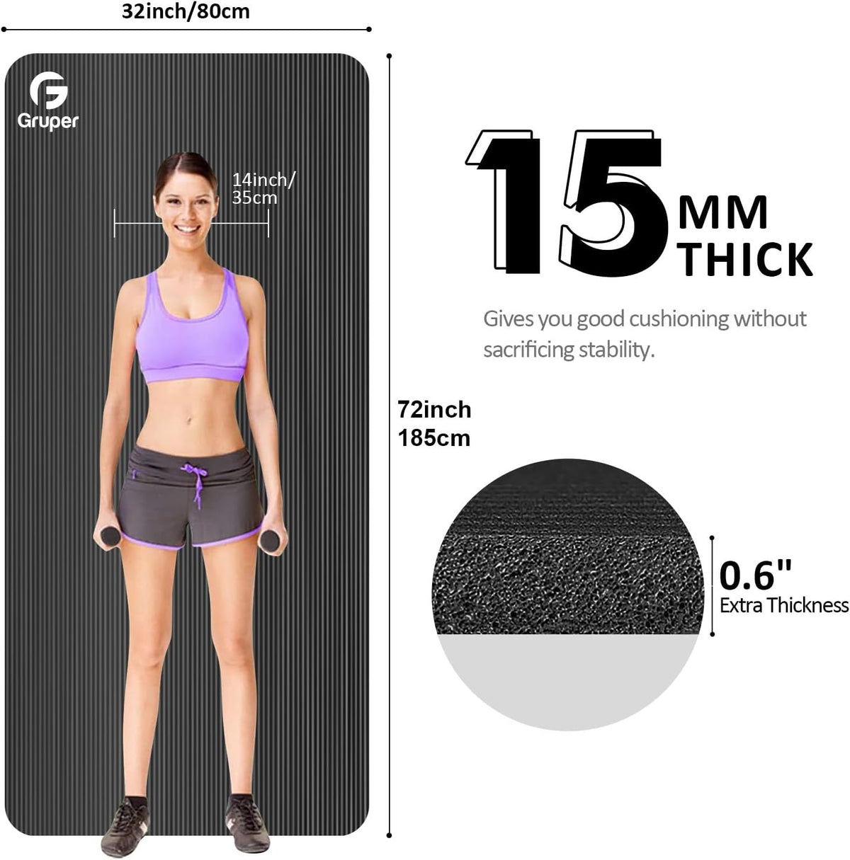 Yoga Mat Non Slip NBR Extra Thick Yoga Mat, 72"L x 32"/24"W x 0.6"/0.4"TH (185cm x 80cm/61cm x 15mm/10mm), Anti-Tear Exercise Mat with Carrying Strap and Bag, Workout Mats for Yoga, Pilates