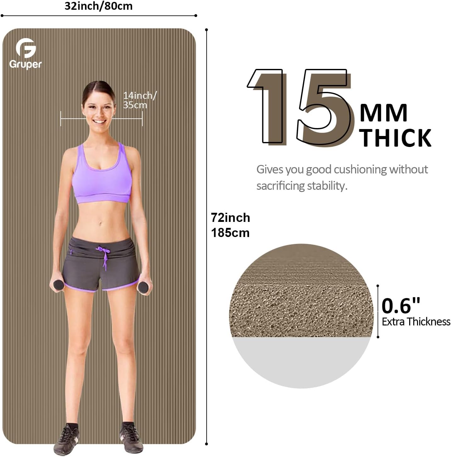 Yoga Mat Non Slip NBR Extra Thick Yoga Mat, 72"L x 32"/24"W x 0.6"/0.4"TH (185cm x 80cm/61cm x 15mm/10mm), Anti-Tear Exercise Mat with Carrying Strap and Bag, Workout Mats for Yoga, Pilates
