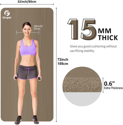 Yoga Mat Non Slip NBR Extra Thick Yoga Mat, 72"L x 32"/24"W x 0.6"/0.4"TH (185cm x 80cm/61cm x 15mm/10mm), Anti-Tear Exercise Mat with Carrying Strap and Bag, Workout Mats for Yoga, Pilates