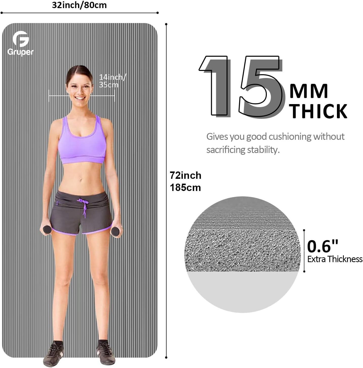Yoga Mat Non Slip NBR Extra Thick Yoga Mat, 72"L x 32"/24"W x 0.6"/0.4"TH (185cm x 80cm/61cm x 15mm/10mm), Anti-Tear Exercise Mat with Carrying Strap and Bag, Workout Mats for Yoga, Pilates