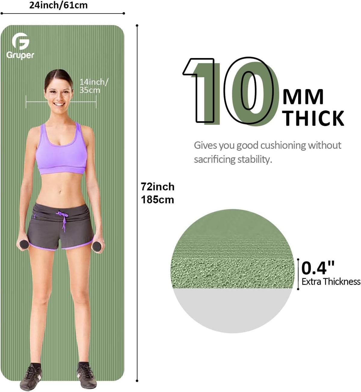 Yoga Mat Non Slip NBR Extra Thick Yoga Mat, 72"L x 32"/24"W x 0.6"/0.4"TH (185cm x 80cm/61cm x 15mm/10mm), Anti-Tear Exercise Mat with Carrying Strap and Bag, Workout Mats for Yoga, Pilates