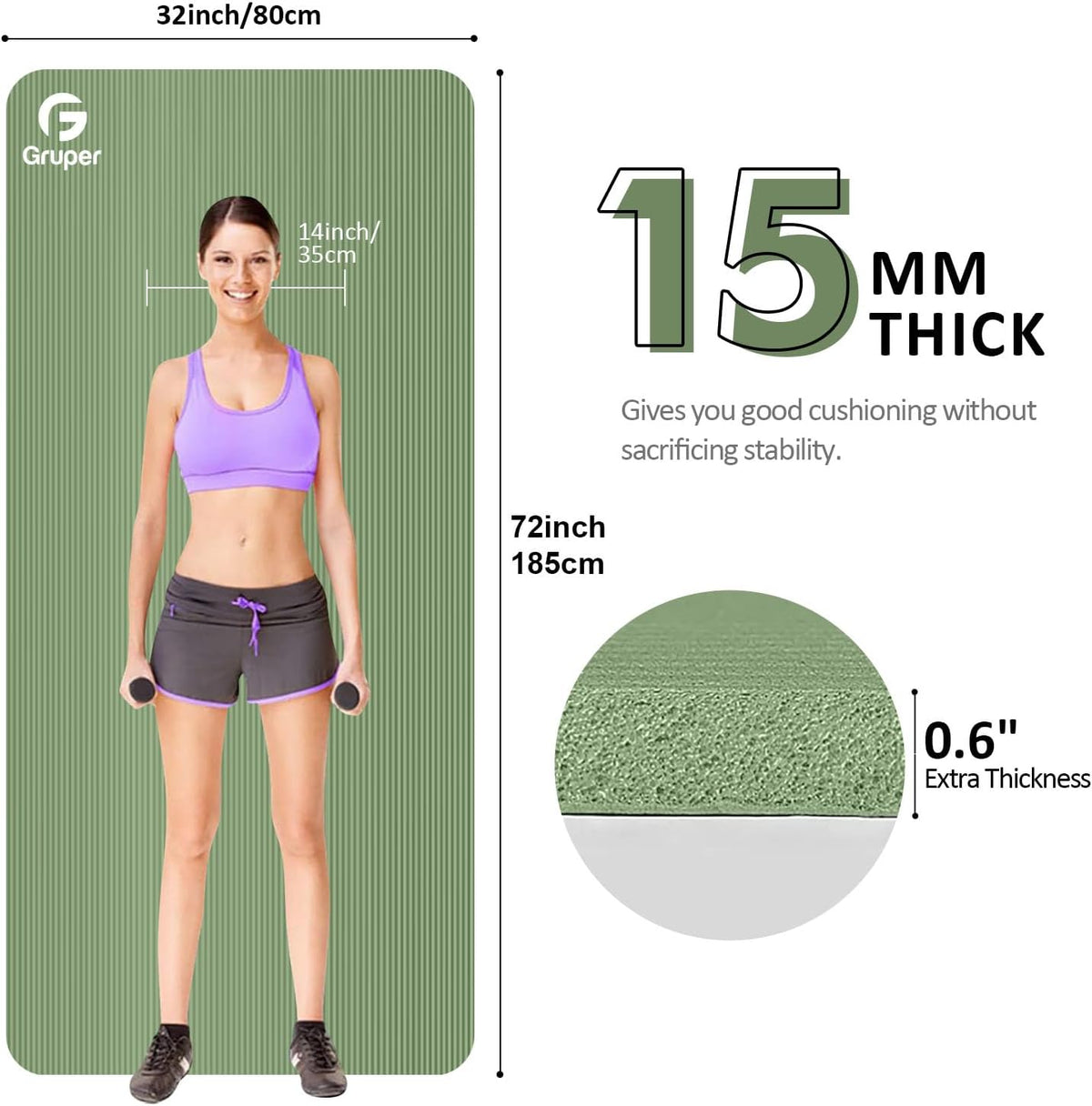 Yoga Mat Non Slip NBR Extra Thick Yoga Mat, 72"L x 32"/24"W x 0.6"/0.4"TH (185cm x 80cm/61cm x 15mm/10mm), Anti-Tear Exercise Mat with Carrying Strap and Bag, Workout Mats for Yoga, Pilates