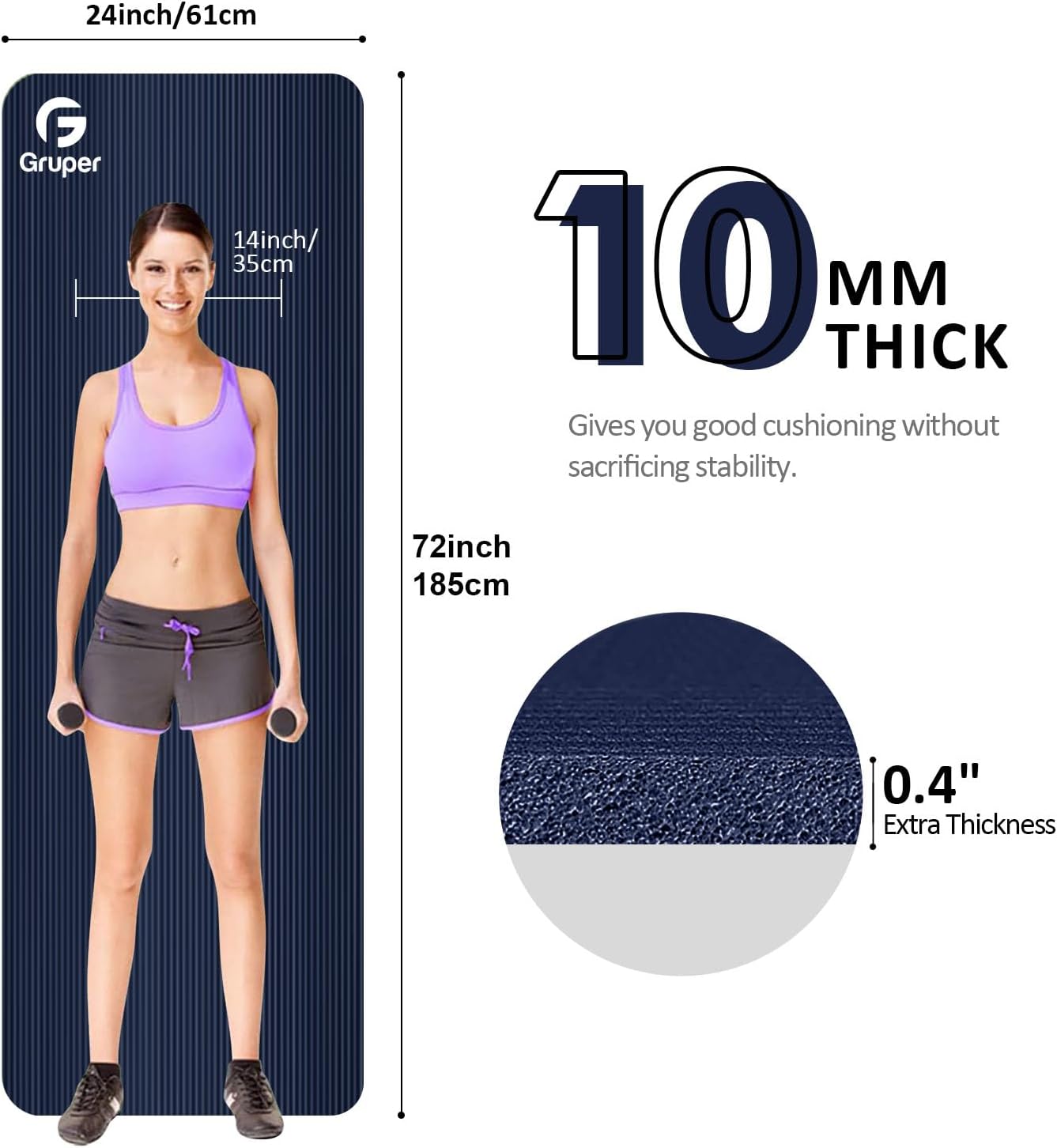 Yoga Mat Non Slip NBR Extra Thick Yoga Mat, 72"L x 32"/24"W x 0.6"/0.4"TH (185cm x 80cm/61cm x 15mm/10mm), Anti-Tear Exercise Mat with Carrying Strap and Bag, Workout Mats for Yoga, Pilates