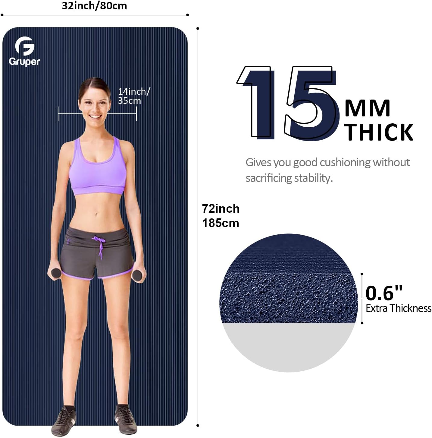 Yoga Mat Non Slip NBR Extra Thick Yoga Mat, 72"L x 32"/24"W x 0.6"/0.4"TH (185cm x 80cm/61cm x 15mm/10mm), Anti-Tear Exercise Mat with Carrying Strap and Bag, Workout Mats for Yoga, Pilates