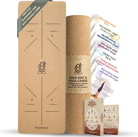 Natural Cork Yoga Mat with Alignment Lines and 55 Instructional Cards in 7 Themes for Beginner - Non-Slip Eco Friendly - 183x66x5mm for Home Workouts, Balance & Precision