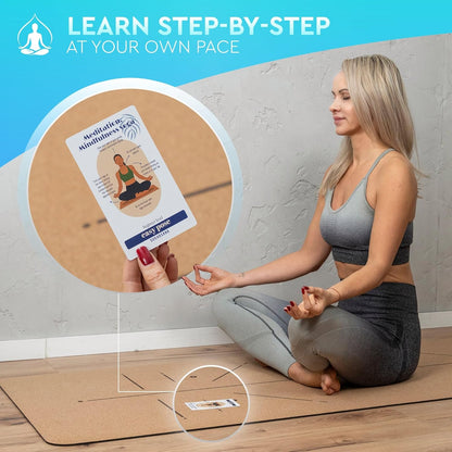 Natural Cork Yoga Mat with Alignment Lines and 55 Instructional Cards in 7 Themes for Beginner - Non-Slip Eco Friendly - 183x66x5mm for Home Workouts, Balance & Precision