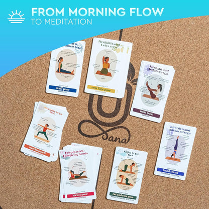 Natural Cork Yoga Mat with Alignment Lines and 55 Instructional Cards in 7 Themes for Beginner - Non-Slip Eco Friendly - 183x66x5mm for Home Workouts, Balance & Precision