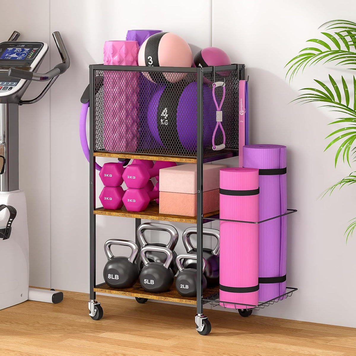 Dumbbell Rack, Yoga Mat Storage Holder, Home Gym Storage Rack, Workout Equipment Storage Organizer, Weight Storage Holder Rack with Hooks and Wheels