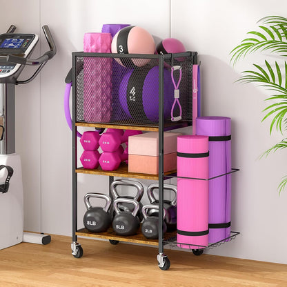 Dumbbell Rack, Yoga Mat Storage Holder, Home Gym Storage Rack, Workout Equipment Storage Organizer, Weight Storage Holder Rack with Hooks and Wheels