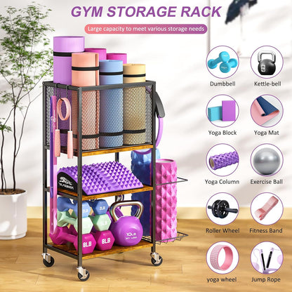 Dumbbell Rack, Yoga Mat Storage Holder, Home Gym Storage Rack, Workout Equipment Storage Organizer, Weight Storage Holder Rack with Hooks and Wheels