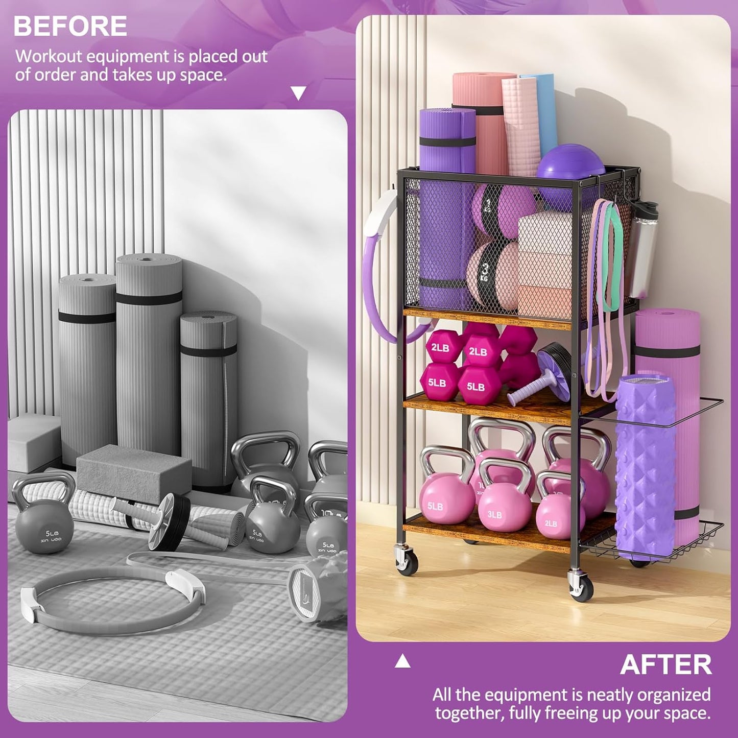 Dumbbell Rack, Yoga Mat Storage Holder, Home Gym Storage Rack, Workout Equipment Storage Organizer, Weight Storage Holder Rack with Hooks and Wheels