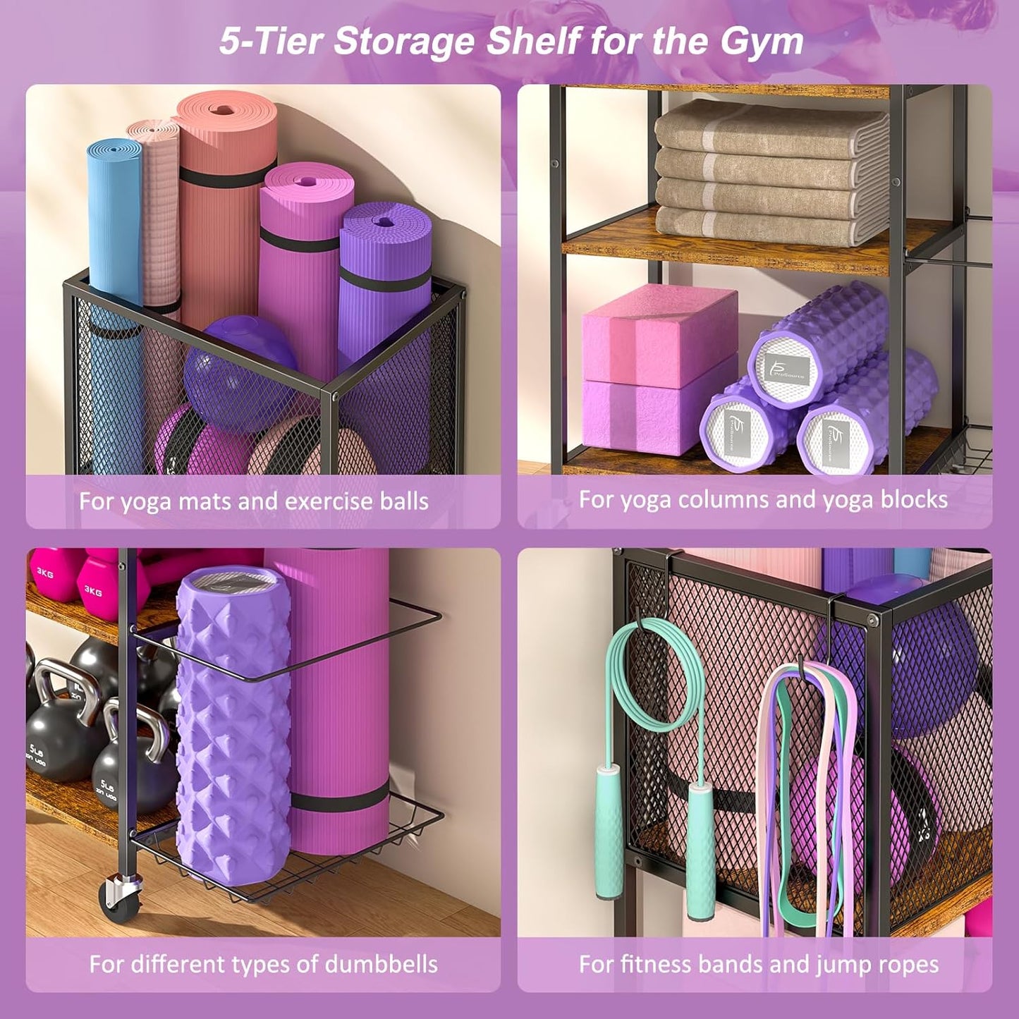 Dumbbell Rack, Yoga Mat Storage Holder, Home Gym Storage Rack, Workout Equipment Storage Organizer, Weight Storage Holder Rack with Hooks and Wheels