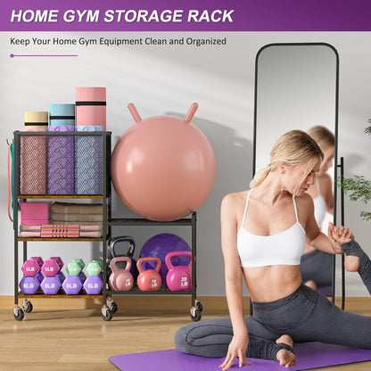 Dumbbell Rack, Yoga Mat Storage Holder, Home Gym Storage Rack, Workout Equipment Storage Organizer, Weight Storage Holder Rack with Hooks and Wheels