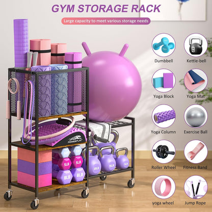 Dumbbell Rack, Yoga Mat Storage Holder, Home Gym Storage Rack, Workout Equipment Storage Organizer, Weight Storage Holder Rack with Hooks and Wheels