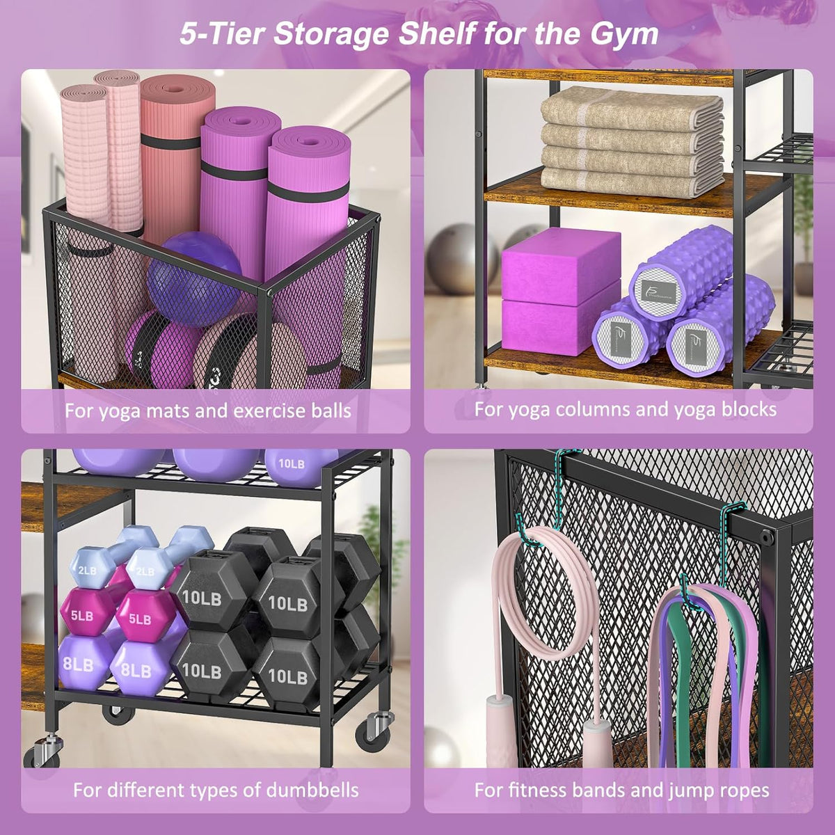 Dumbbell Rack, Yoga Mat Storage Holder, Home Gym Storage Rack, Workout Equipment Storage Organizer, Weight Storage Holder Rack with Hooks and Wheels