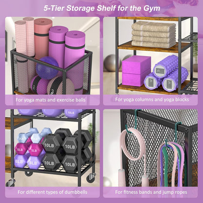Dumbbell Rack, Yoga Mat Storage Holder, Home Gym Storage Rack, Workout Equipment Storage Organizer, Weight Storage Holder Rack with Hooks and Wheels