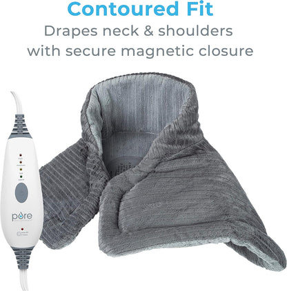 PureRelief Neck & Shoulder Heating Pad - 4 Heat Settings, Auto Shut-Off, Universal Fit, Magnet Closure, Soft Micromink, Storage Bag, 5-Year Warranty, Machine Wash (Turquoise Blue)