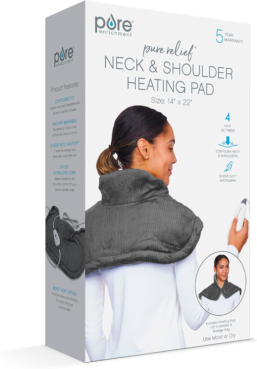 PureRelief Neck & Shoulder Heating Pad - 4 Heat Settings, Auto Shut-Off, Universal Fit, Magnet Closure, Soft Micromink, Storage Bag, 5-Year Warranty, Machine Wash (Turquoise Blue)