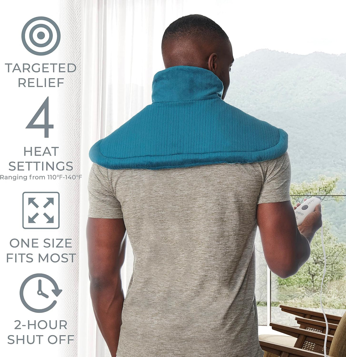 PureRelief Neck & Shoulder Heating Pad - 4 Heat Settings, Auto Shut-Off, Universal Fit, Magnet Closure, Soft Micromink, Storage Bag, 5-Year Warranty, Machine Wash (Turquoise Blue)
