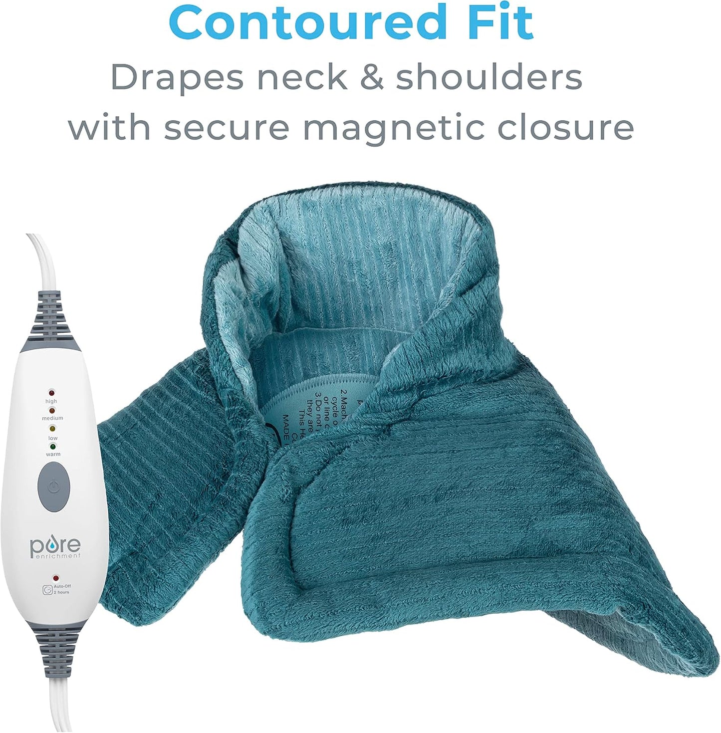 PureRelief Neck & Shoulder Heating Pad - 4 Heat Settings, Auto Shut-Off, Universal Fit, Magnet Closure, Soft Micromink, Storage Bag, 5-Year Warranty, Machine Wash (Turquoise Blue)
