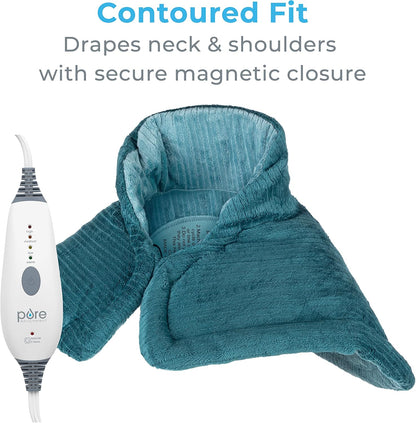 PureRelief Neck & Shoulder Heating Pad - 4 Heat Settings, Auto Shut-Off, Universal Fit, Magnet Closure, Soft Micromink, Storage Bag, 5-Year Warranty, Machine Wash (Turquoise Blue)