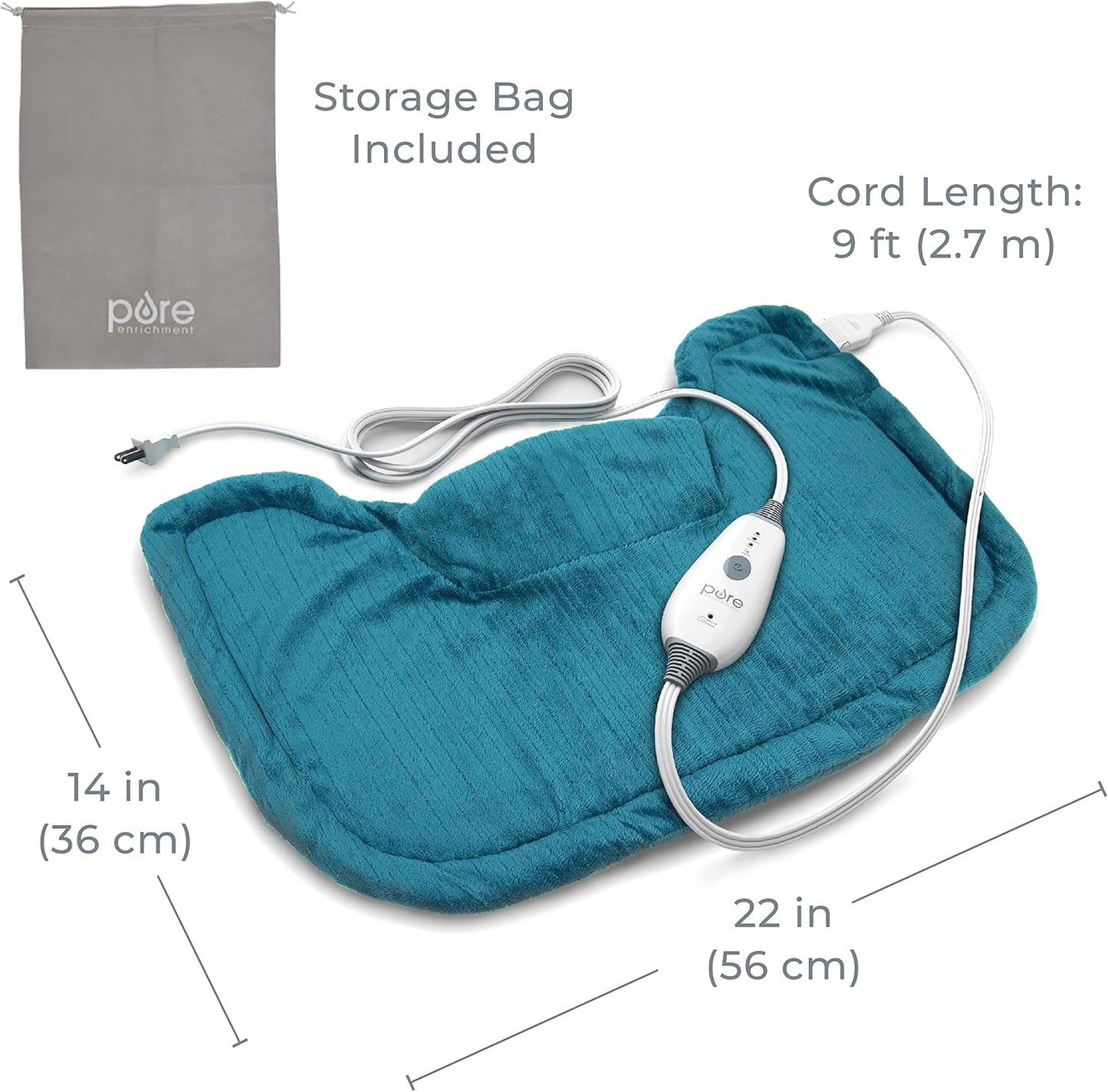 PureRelief Neck & Shoulder Heating Pad - 4 Heat Settings, Auto Shut-Off, Universal Fit, Magnet Closure, Soft Micromink, Storage Bag, 5-Year Warranty, Machine Wash (Turquoise Blue)