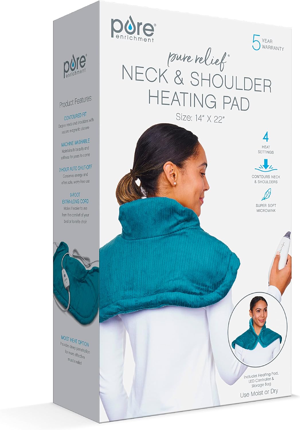 PureRelief Neck & Shoulder Heating Pad - 4 Heat Settings, Auto Shut-Off, Universal Fit, Magnet Closure, Soft Micromink, Storage Bag, 5-Year Warranty, Machine Wash (Turquoise Blue)