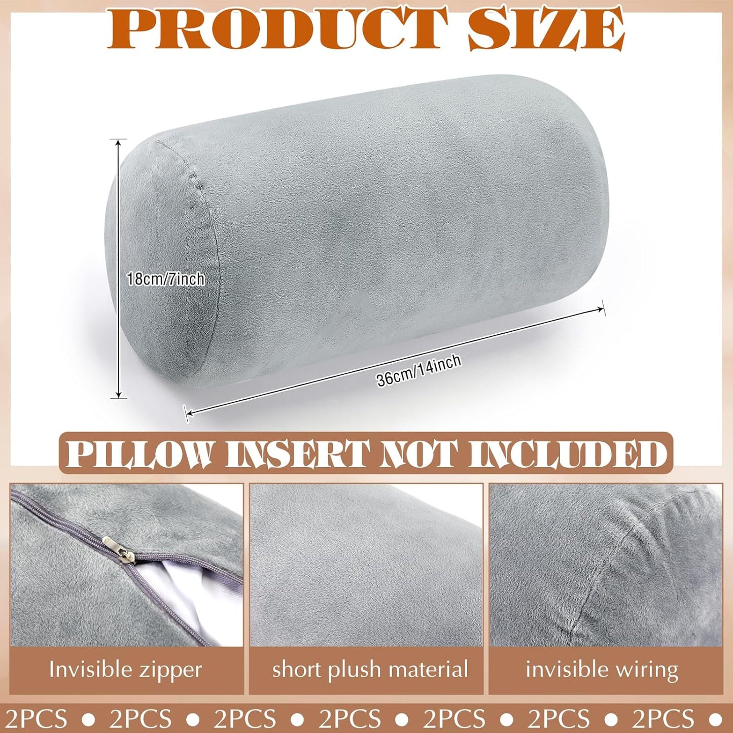 2 Pcs Neck Roll Pillow Case, 16 X 6 Inch Short Plush Gray