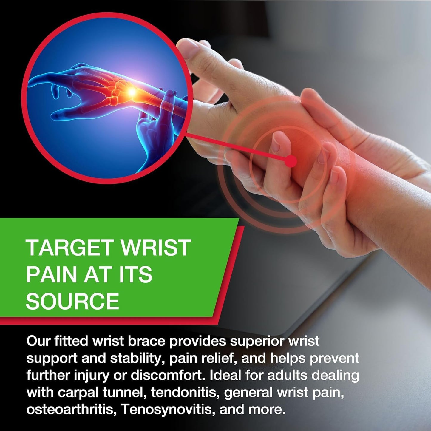 Green Fitted Wrist Brace for Men and Women, Wrist Pain Relief Support, Ideal for Carpal Tunnel, Tendonitis, Arthritis, Right Hand, Black, Small/Medium